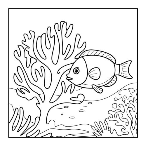 Simple fish swimming near large coral formations in the ocean