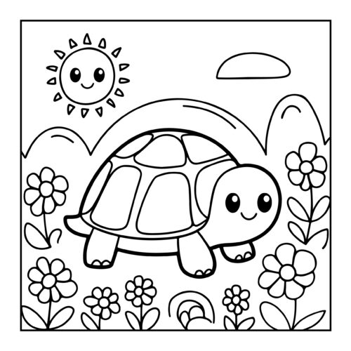 Simple turtle walking in meadow with flowers, sun, and tree nearby