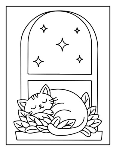 Sleeping cat in window with stars and autumn leaves as decoration