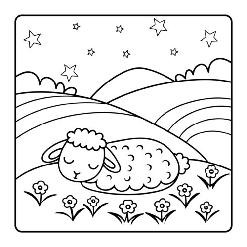 Sleeping lamb under starry night sky with flowers