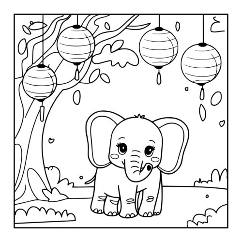 Small elephant under Chinese lanterns hanging from a tree branch