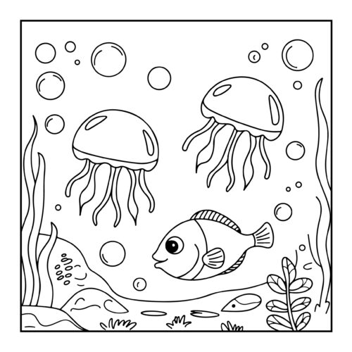 Small fish swimming beneath two jellyfish with bubbles and seaweed