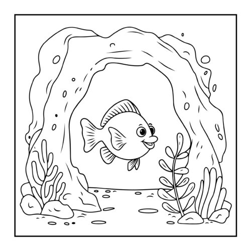 Small fish swimming inside a cave formation with plants