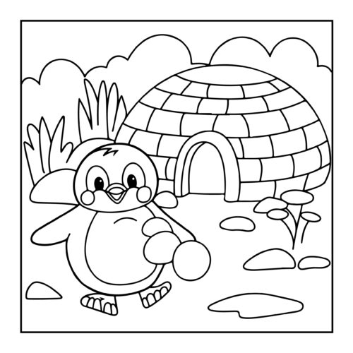 Small penguin with mittens standing outside igloo in arctic scene