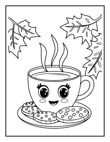 Smiling coffee cup with cookies and autumn leaves cozy fall snack
