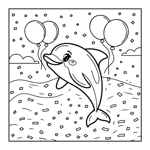Smiling dolphin with balloons jumping over water with confetti like elements around