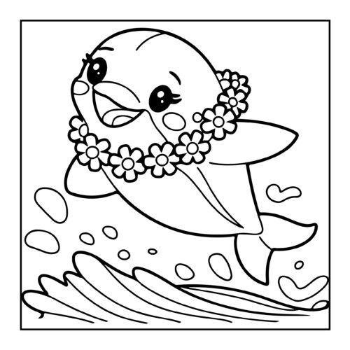 Smiling dolphin with flower lei around neck swimming through waves