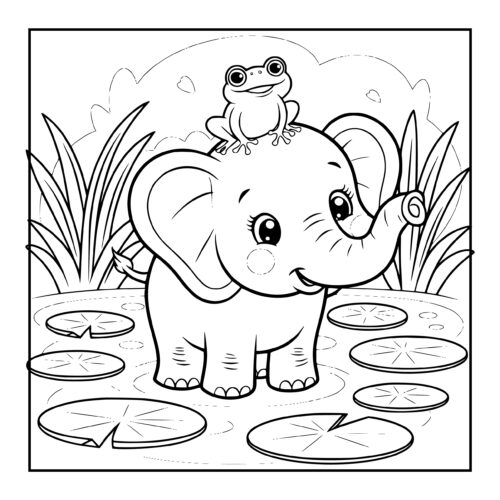 Smiling elephant standing in a lily pad pond with a frog friend