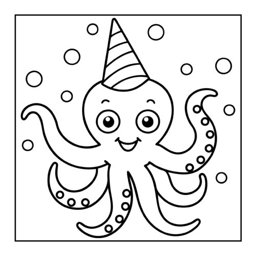 Smiling octopus with party hat surrounded by bubbles underwater