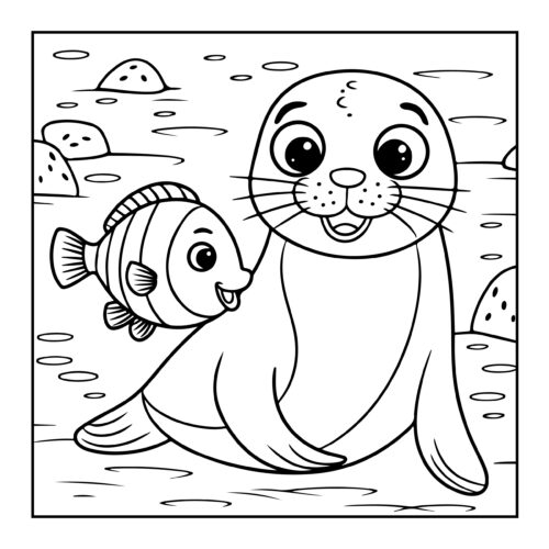 Smiling seal and small fish swimming together among rocks