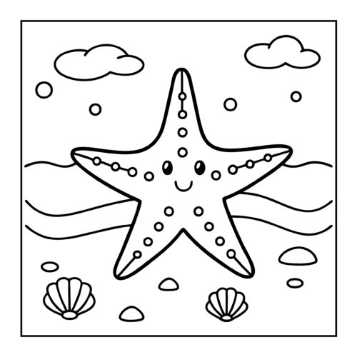 Smiling starfish with dots on beach with seashells and waves