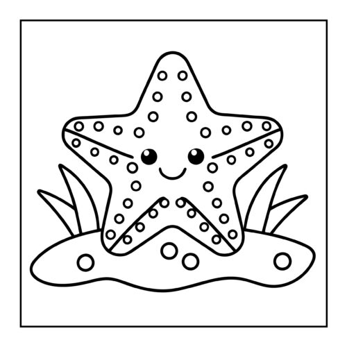 Smiling starfish with dotted texture on sand with underwater plants