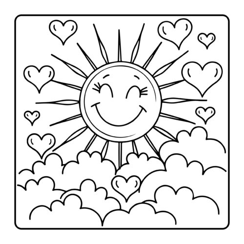 Smiling sun with hearts and fluffy clouds in sky