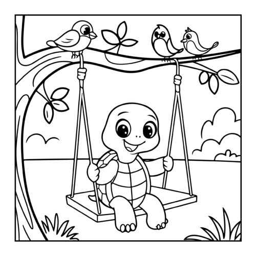 Smiling turtle swinging on tree branch with birds perched above watching