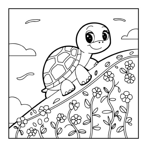 Smiling turtle walking on winding path with flowers growing alongside route