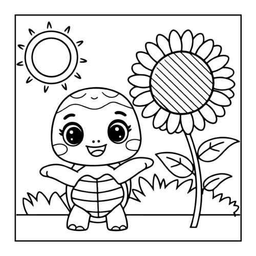 Smiling turtle with arms outstretched next to tall sunflower under bright sun