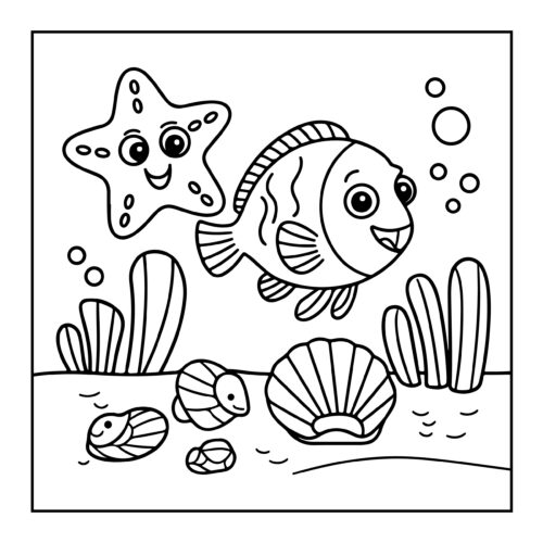 Starfish, tropical fish, and shells on the ocean floor