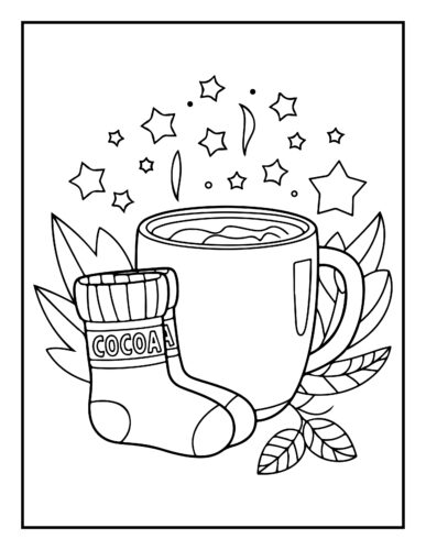 Steaming mug of hot cocoa with a container labeled 'COCOA' and stars