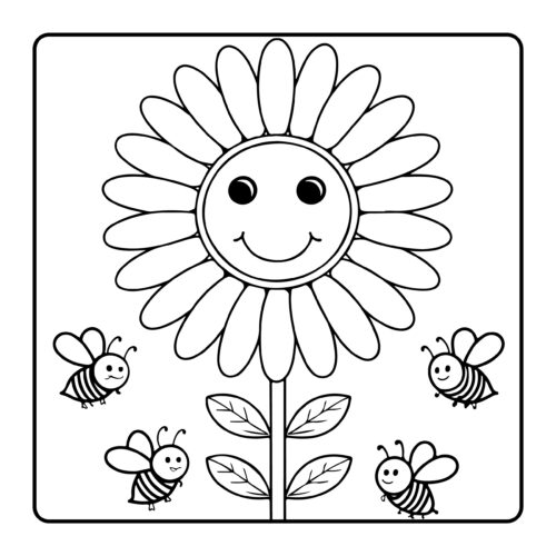Stylized daisy flower with smiling center and bees