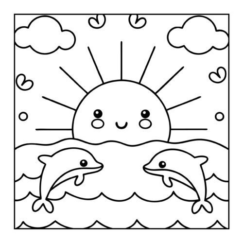 Sun setting over ocean with smiling dolphins jumping in waves