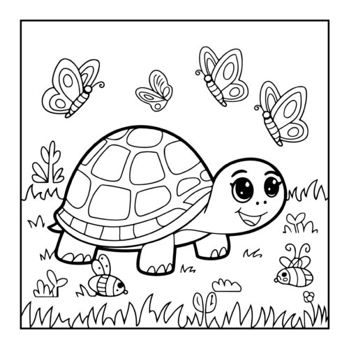 Sweet turtle enjoying nature surrounded by colorful butterflies in grassy meadow