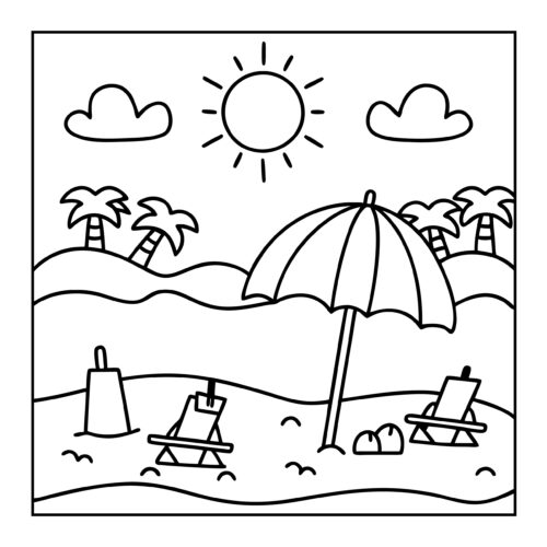 Tropical beach scene with umbrella, chairs and palm trees