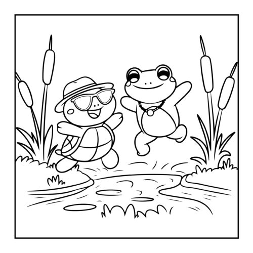 Turtle and frog jumping together by pond surrounded by cattails and reeds