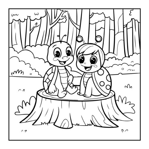 Turtle and ladybug friends sitting together on tree stump in forest