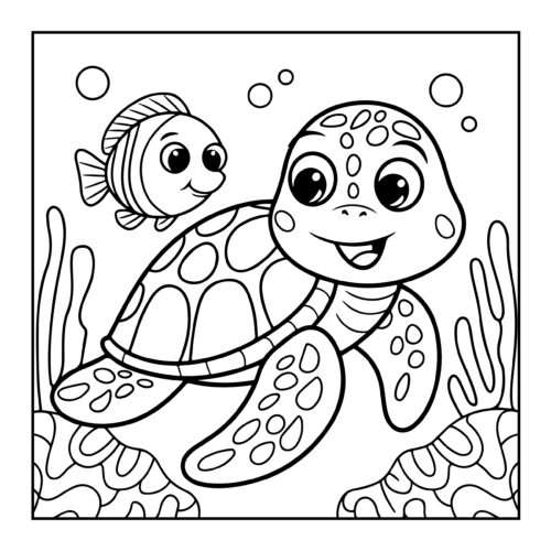 Turtle and small clownfish swimming together among coral