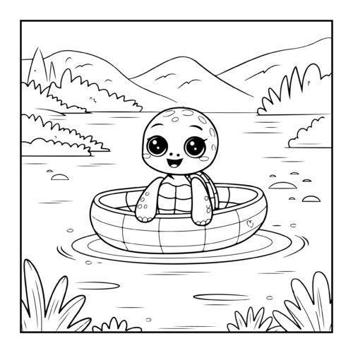 Turtle floating in inner tube enjoying a summer day at mountain lake