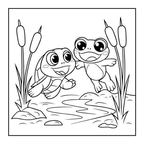 Turtle in scarf beside snowman during snowfall with small house in background