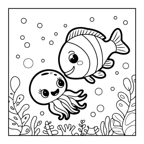 Two fish looking at each other among bubbles and seaplants