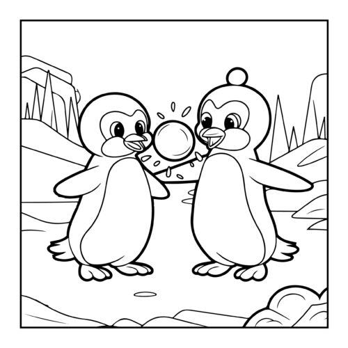Two penguin friends sharing a snowball in winter mountain landscape