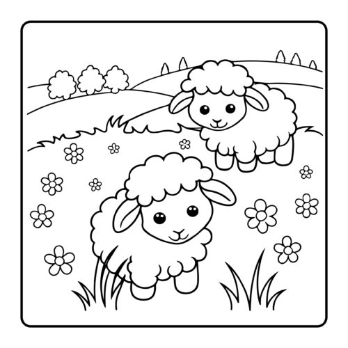 Two sheep in meadow surrounded by flowers