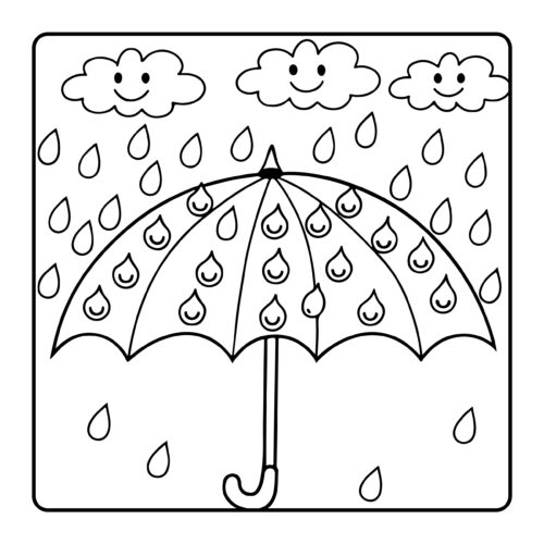 Umbrella in rain with smiling clouds and raindrops
