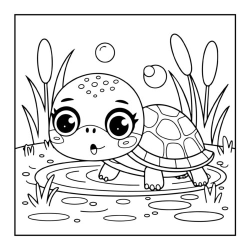 Wide eyed turtle in pond surrounded by water lilies and tall reeds