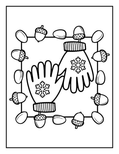 Winter mittens with snowflake designs surrounded by acorns in decorative border