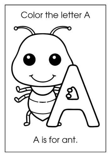A is for ant Cartoon ant with letter A
