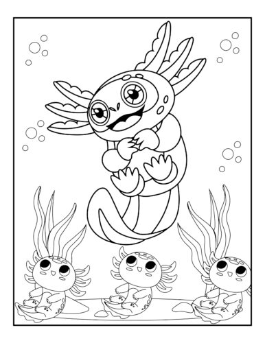 Adorable axolotl sitting contentedly in aquarium plant setting