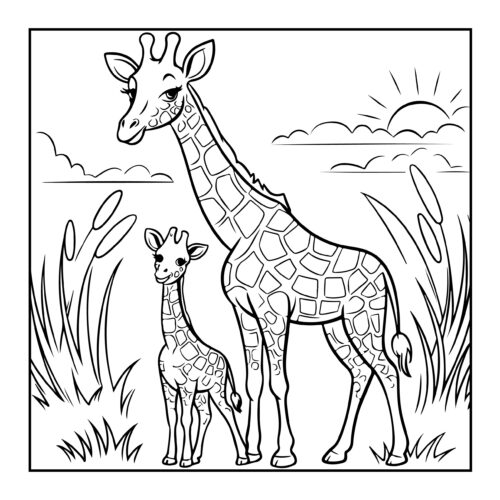 Adult giraffe with baby giraffe in savanna