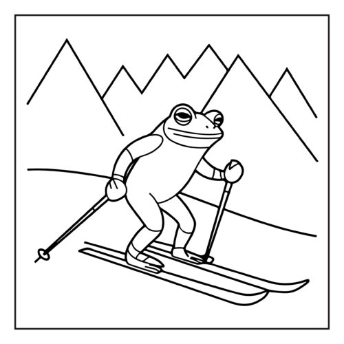Adventurous frog skiing down snowy mountain slopes