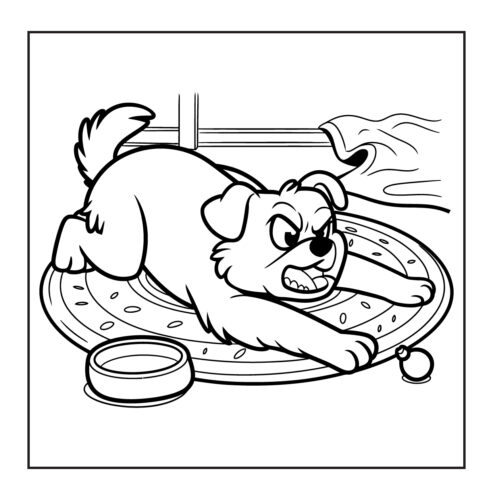 Angry dog lying on a pet bed with food bowl nearby