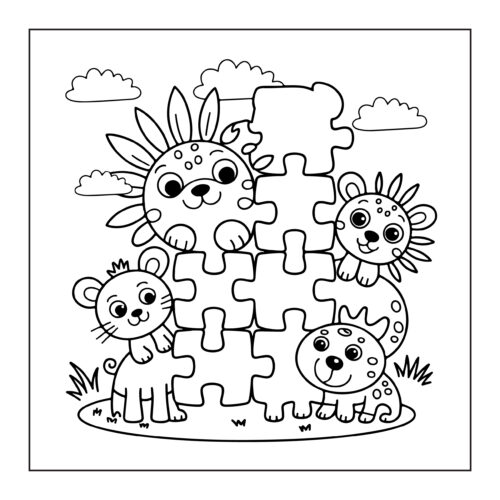 Animal characters with puzzle pieces together
