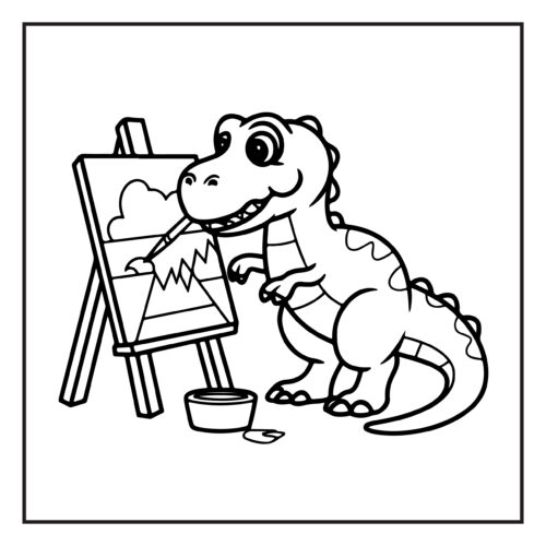 Artistic dinosaur painting a mountain landscape on easel