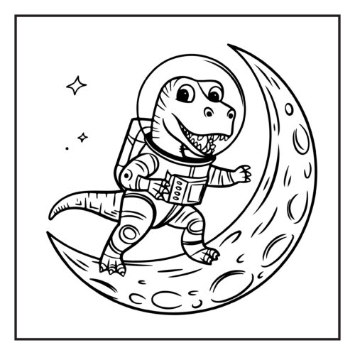 Astronaut dinosaur standing on crescent moon in space