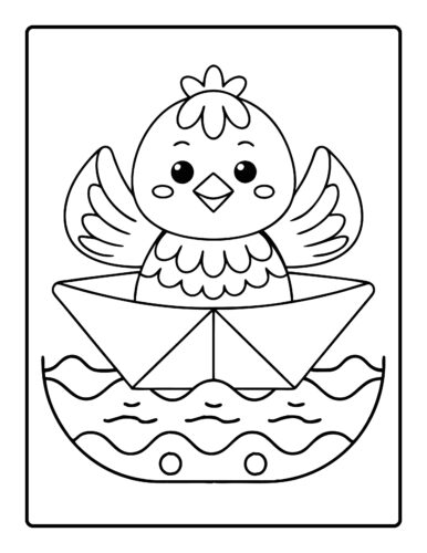 Baby bird in paper boat on stylized waves