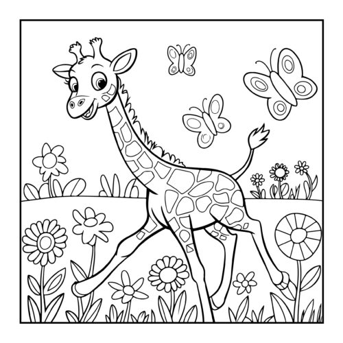 Baby giraffe running in flower field with butterflies