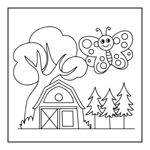 Barn with butterfly and pine trees in countryside
