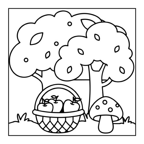 Basket of apples under tree with mushroom