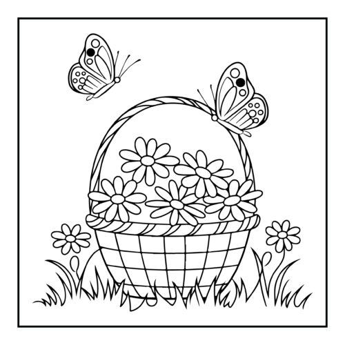 Basket of daisies with butterflies fluttering nearby